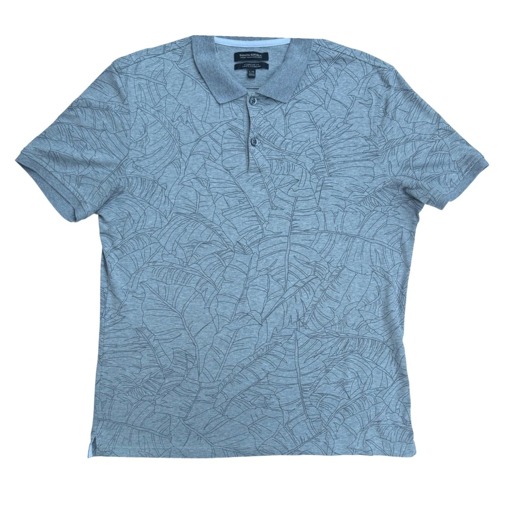 Banana Republic Polo Shirt Gray Tropical Leaf Luxury Touch‎ Preppy Cotton Mens L